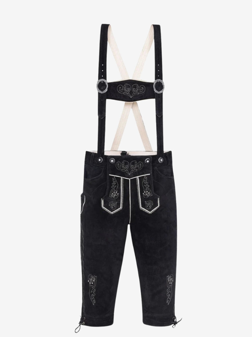 Black bundhosen with adjustable suspenders and embroidered chest panel, displayed from the front.
