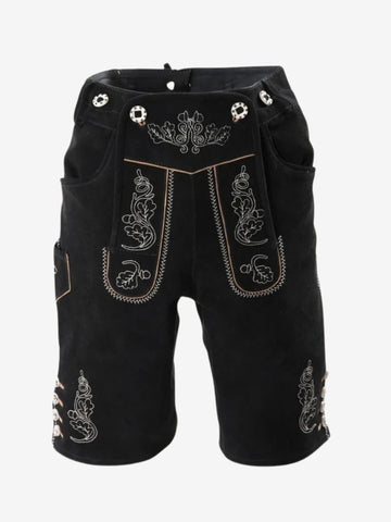 Front view of black Bavarian lederhosen with detailed white embroidery on the flap and thighs, accented with traditional buttons and contrast stitching.