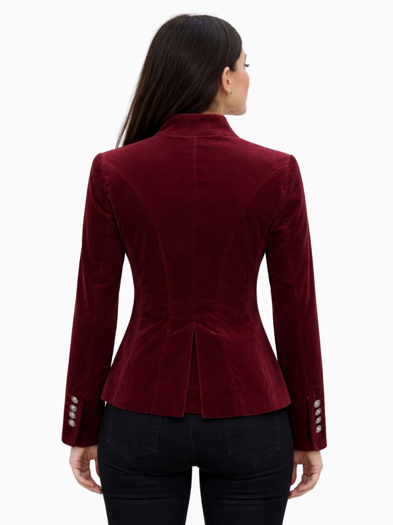 Front view of women's wine red velvet Bavarian Trachten jacket with stand collar, decorative metal buttons, and tailored fit silhouette.