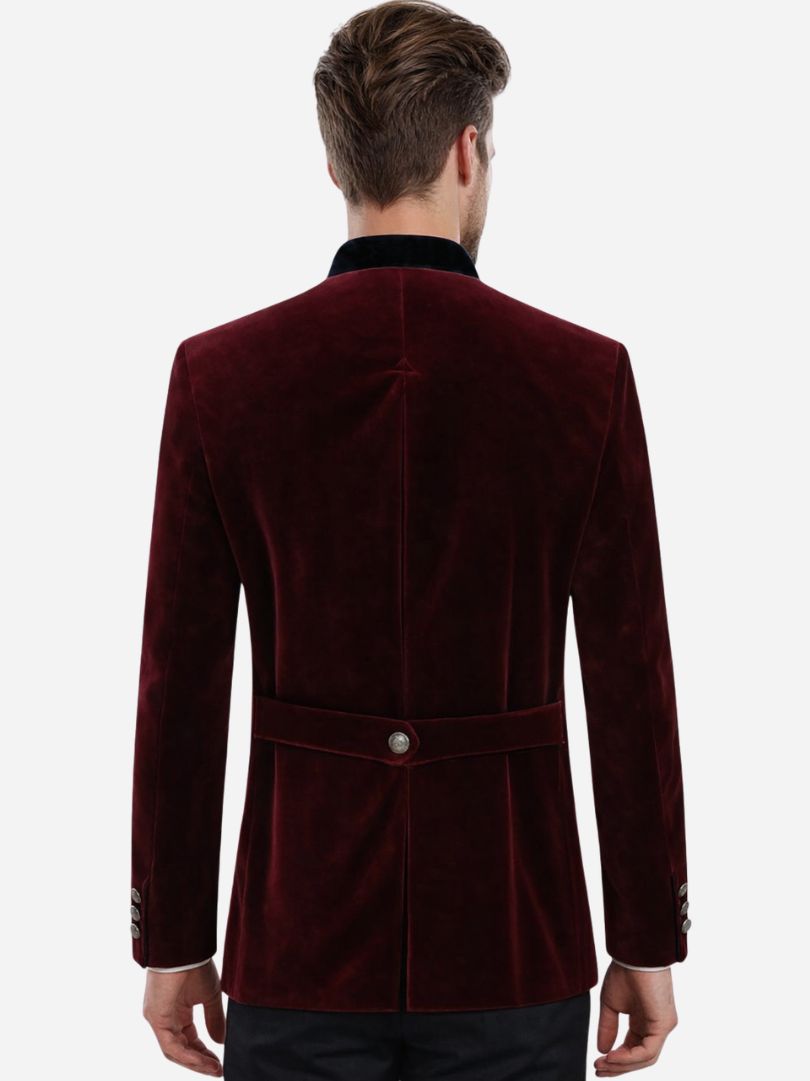 Back View of Men’s Burgundy Velvet Bavarian Jacket with Black Collar