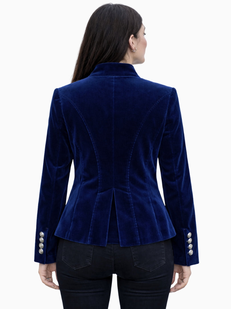Back view of women's navy blue velvet Bavarian Trachten jacket with tailored waist, structured panel seams, and decorative cuff buttons.