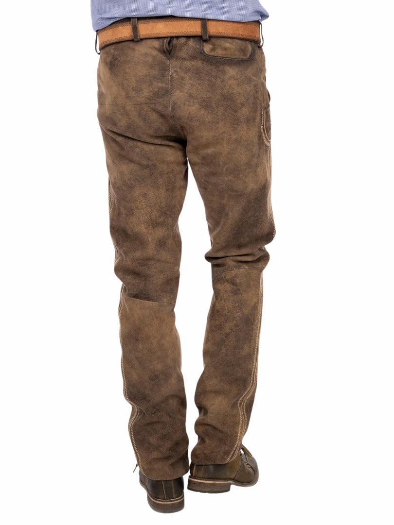 Brown leather lederhosen pants for men back view with traditional Bavarian stitching