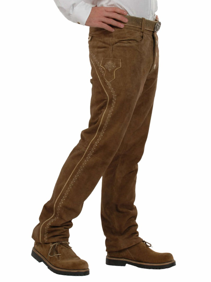 Men’s Alpine Trachten suede pants with classic Bavarian side embroidery