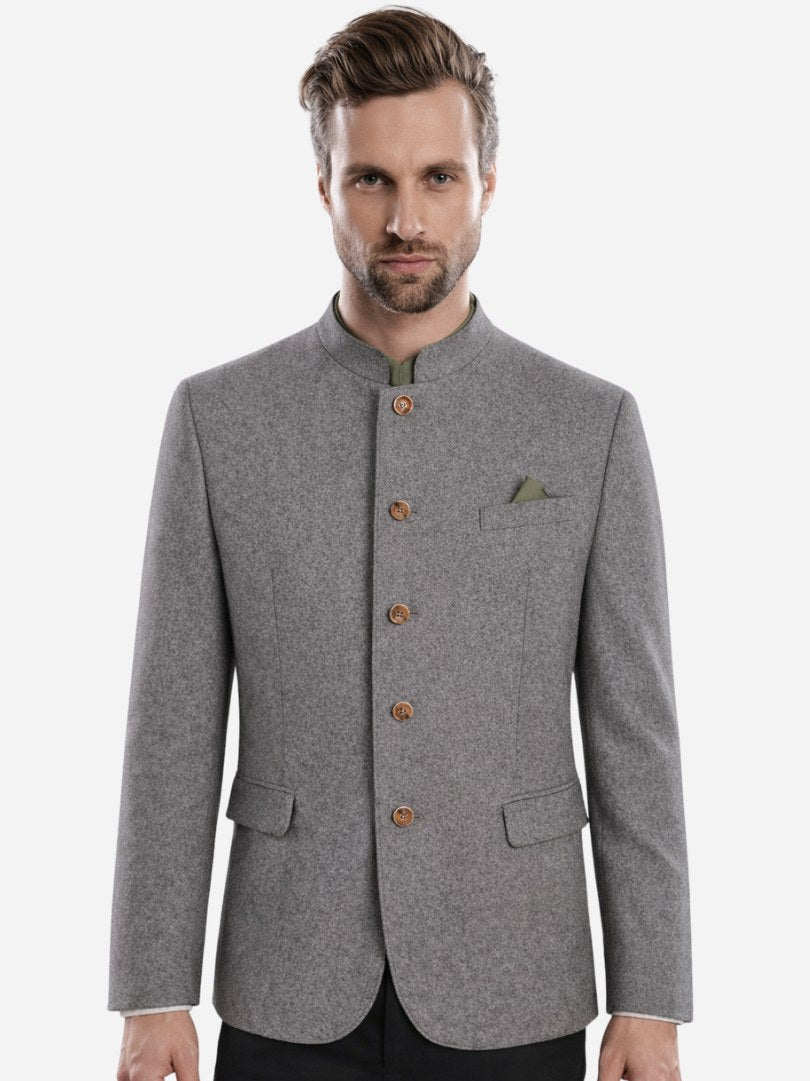 Luxury Men’s Grey Bavarian Trachten Jacket with Stand Collar and Wooden Buttons