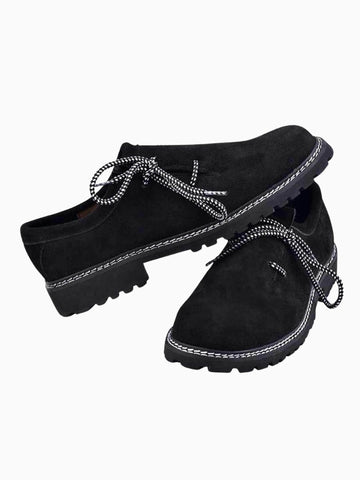 Men’s black suede Trachten shoes with side laces and thick grip sole, traditional Oktoberfest footwear.
