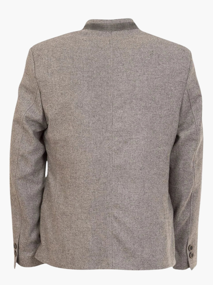 Rear view of grey Trachten jacket showcasing structured fit, smooth wool-blend fabric, and minimalist Bavarian design.