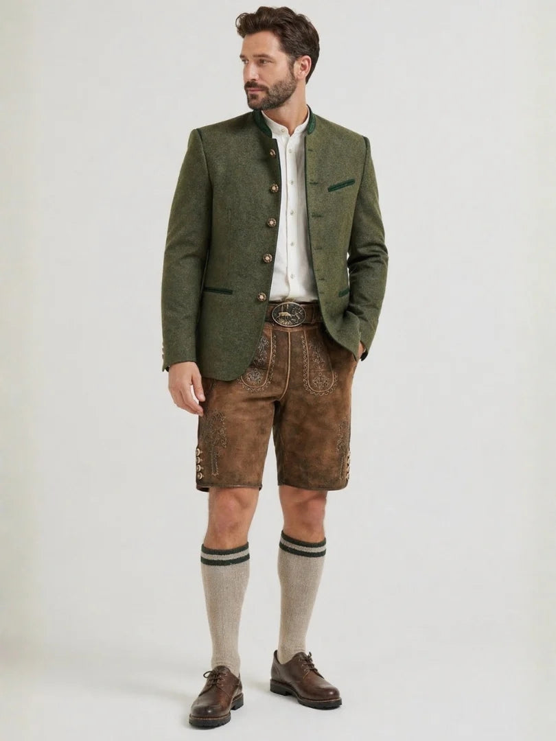 Mens Bavarian Lederhosen with Green Trachten Jacket