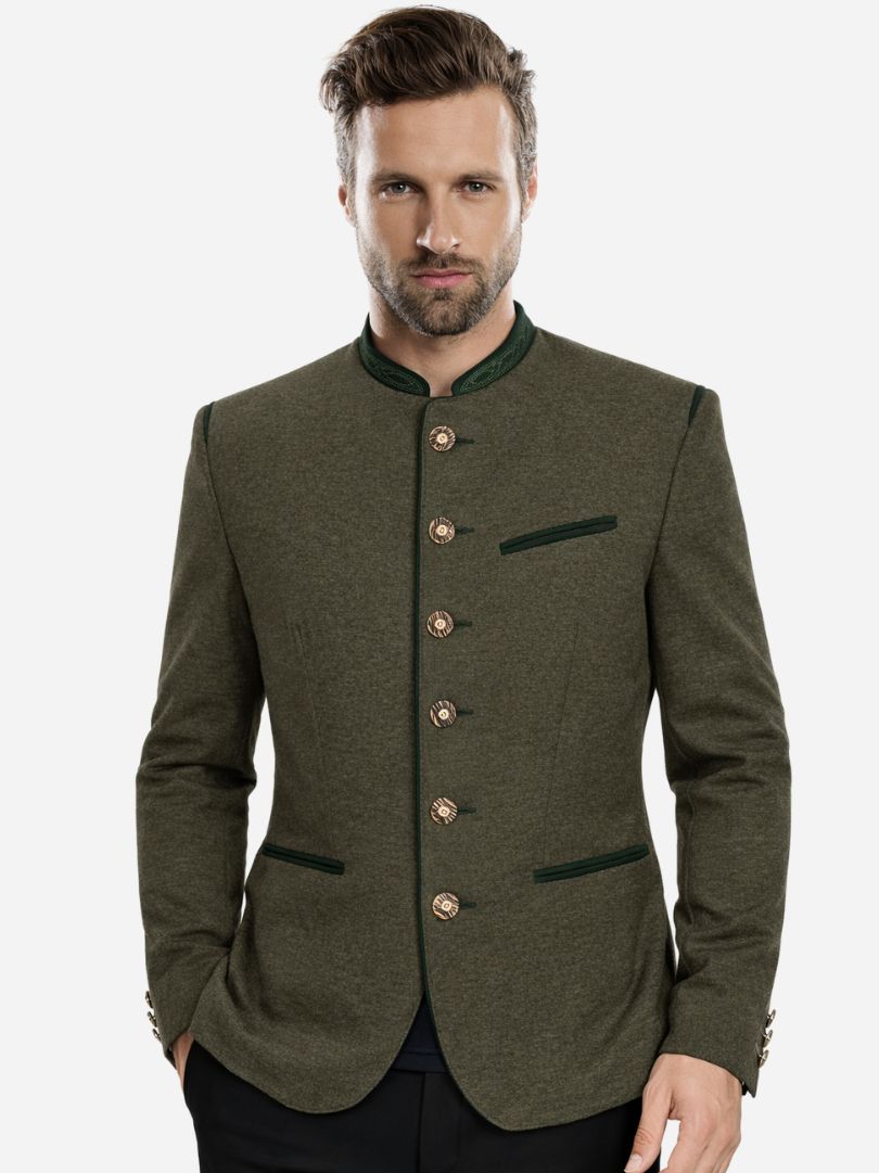 Men’s green wool Bavarian trachten jacket with stand collar and traditional bone buttons