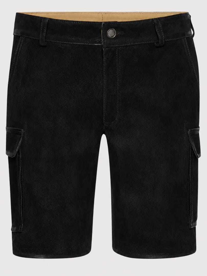 Men's Black Cargo Lederhosen Shorts crafted from premium black suede leather with side cargo utility pockets