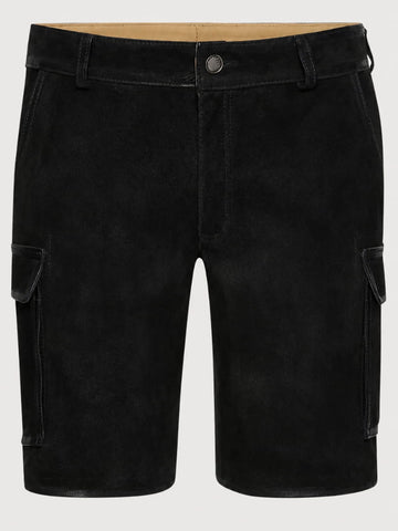 Men's Black Cargo Lederhosen Shorts crafted from premium black suede leather with side cargo utility pockets