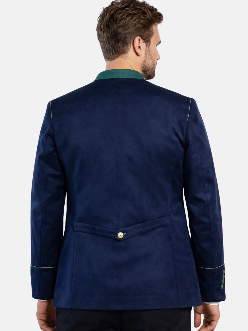 Back view of mens blue Bavarian Trachten jacket with green collar and waist detail