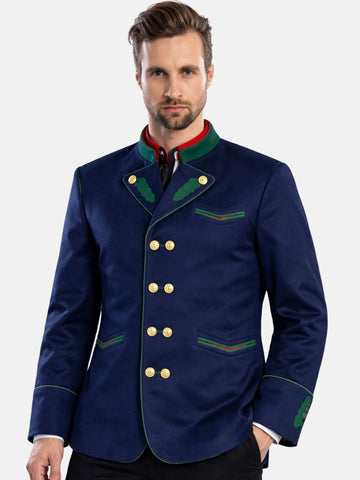 Man wearing blue Bavarian Trachten jacket with green trim and bone buttons