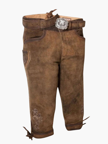 Brown leather bundhosen shorts with belt, showcasing classic Bavarian design, side pocket, and knee-length fit with lace-up hems.