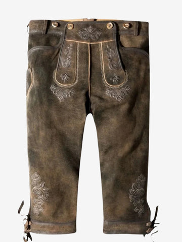 Brown leather bundhosen displayed without model, highlighting embroidered front panel and knee-length design with ties.