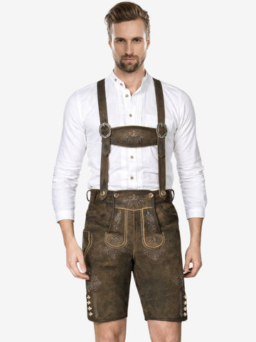 Full front view of man wearing traditional brown lederhosen with suspenders, embroidery, and white shirt.