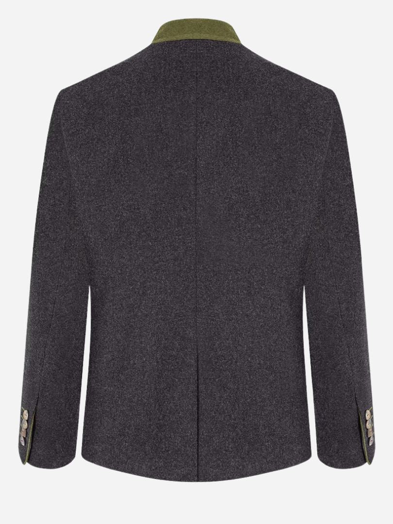 Back view of men’s charcoal grey Bavarian trachten jacket with green collar and traditional buttons