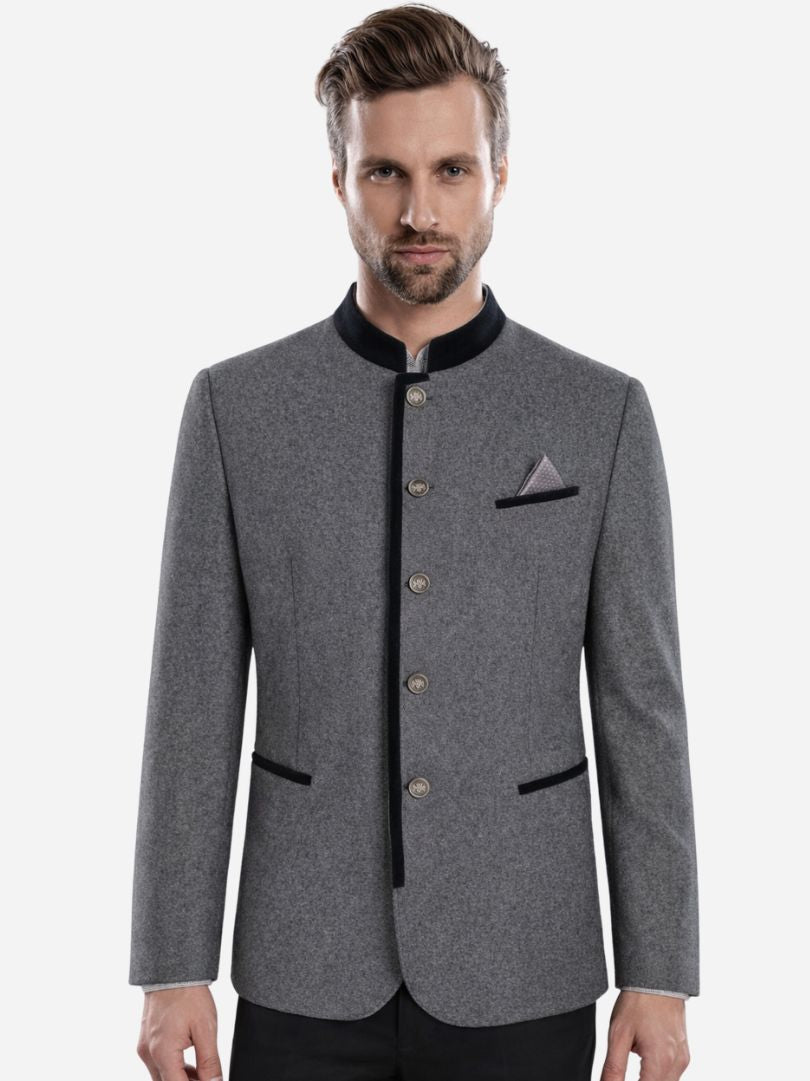 Mens grey Bavarian trachten jacket with black trim, traditional stand collar, silver buttons, and tailored fit – authentic Oktoberfest Alpine style blazer.