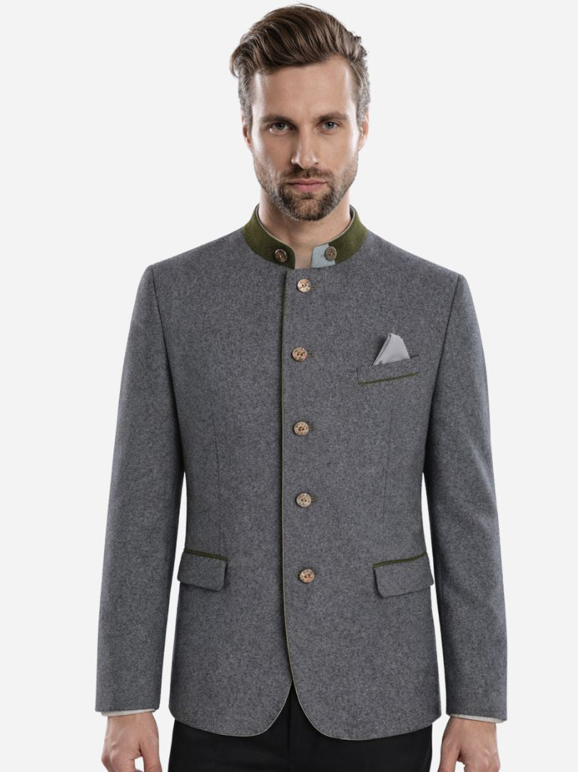 Luxury Men’s Grey Bavarian Trachten Jacket with Green Trim and Stand Collar
