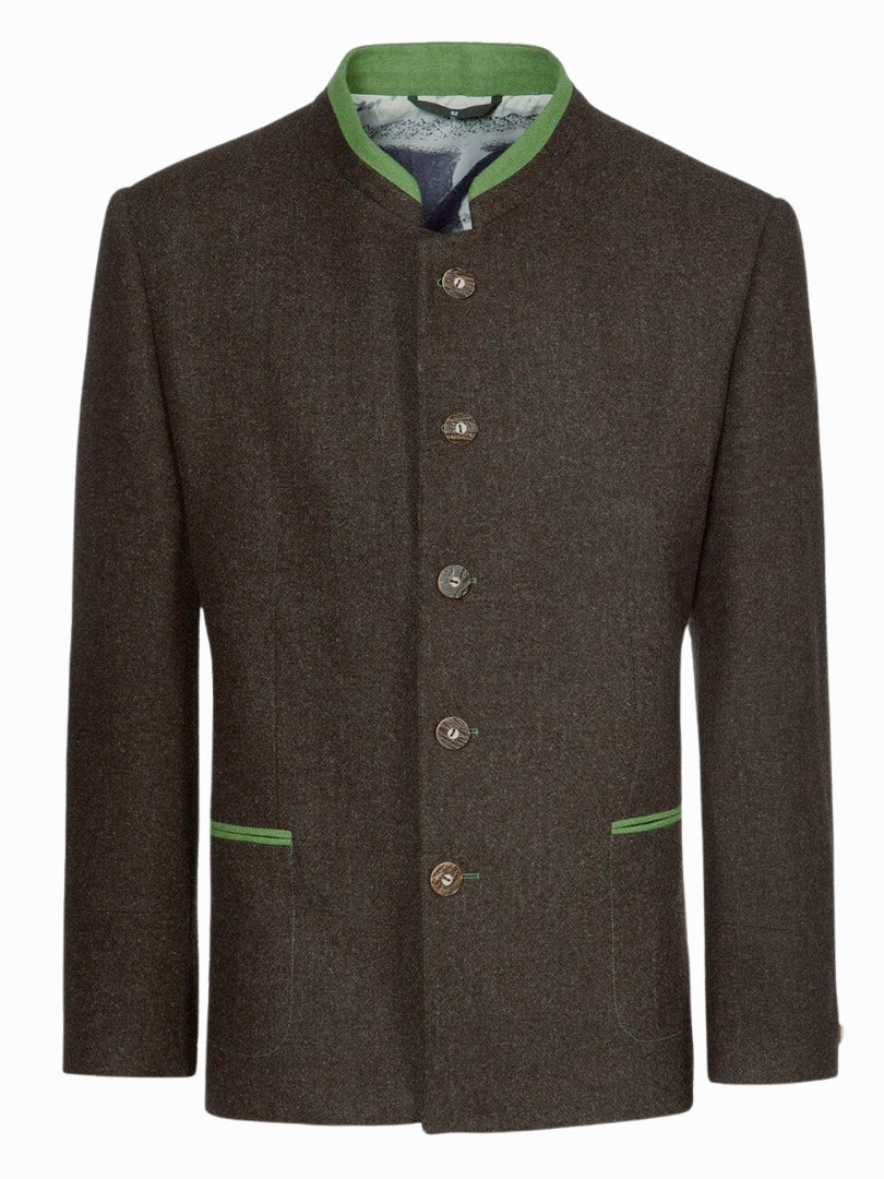 Authentic Mens Bavarian Trachten Jacket in Dark Brown with Green Details and Lederhosen Outfit