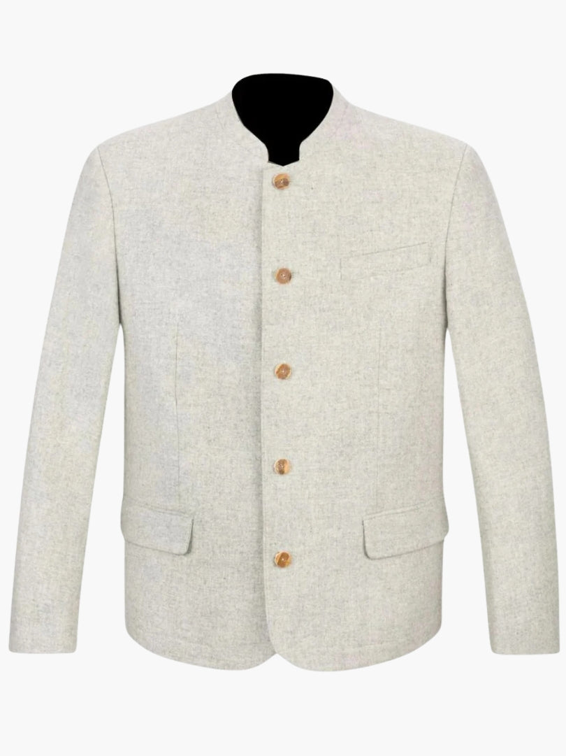 Light grey men’s Trachten jacket with stand collar, front button closure, and classic Bavarian Oktoberfest style.