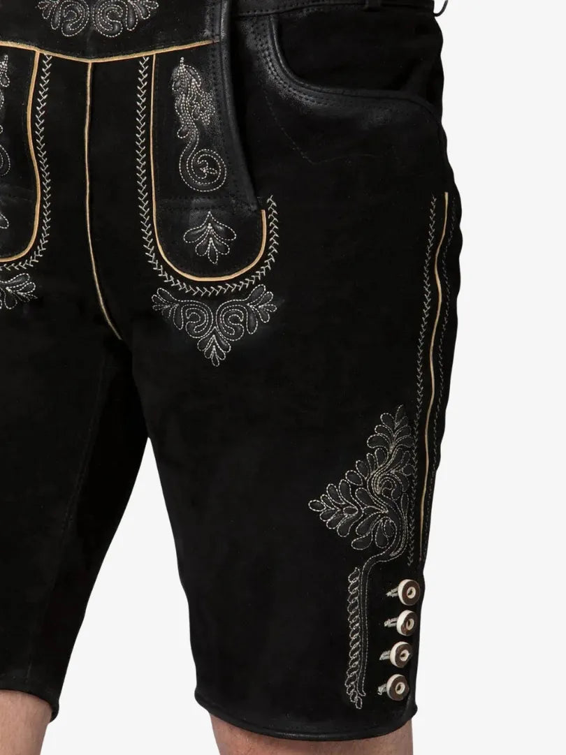 Traditional Black Plus Size Lederhosen for Men with Silver Bavarian Embroidery and Side Horn Buttons
