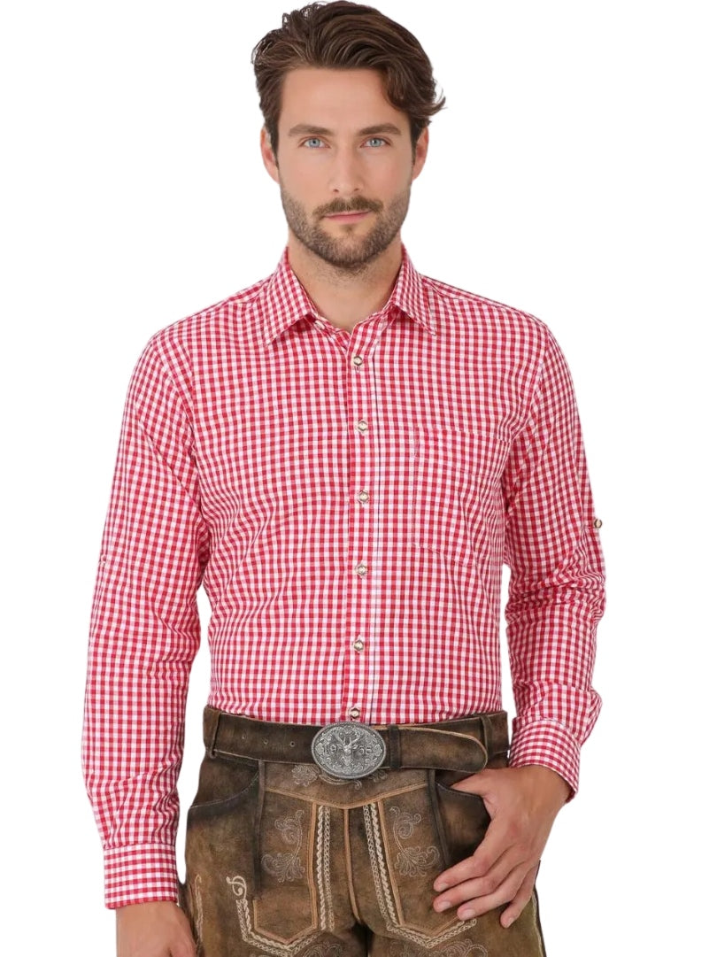 Mens Red Checkered Bavarian Oktoberfest Shirt
