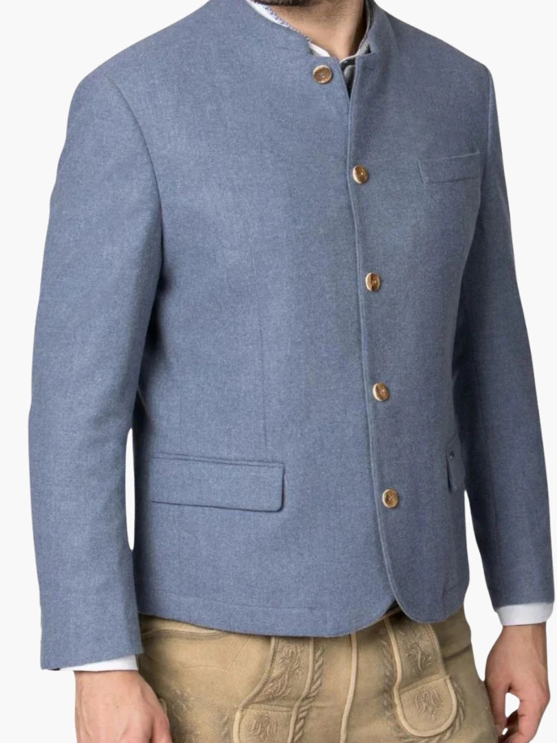 Side view of light blue Bavarian jacket showing tailored fit, flap pockets, and traditional button detailing.