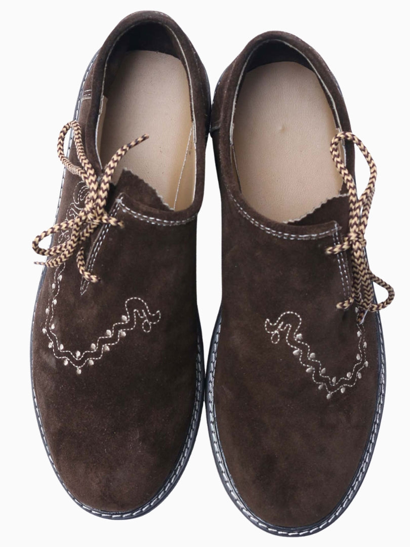 Top view of pair of brown Bavarian Haferl shoes featuring suede leather finish, contrast stitching, and patterned laces