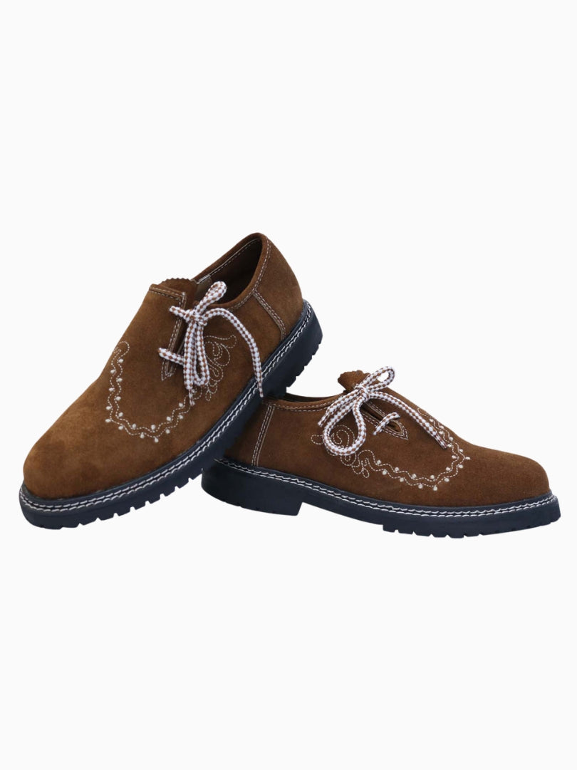 Pair of traditional Bavarian Trachten shoes in brown suede with embroidered detailing and durable black sole.