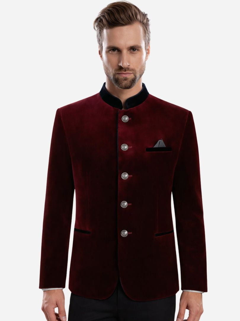 Men’s Burgundy Velvet Bavarian Jacket with Black Trim and Silver Buttons