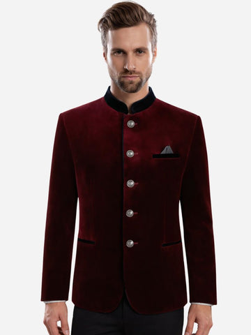Men’s Burgundy Velvet Bavarian Jacket with Black Trim and Silver Buttons