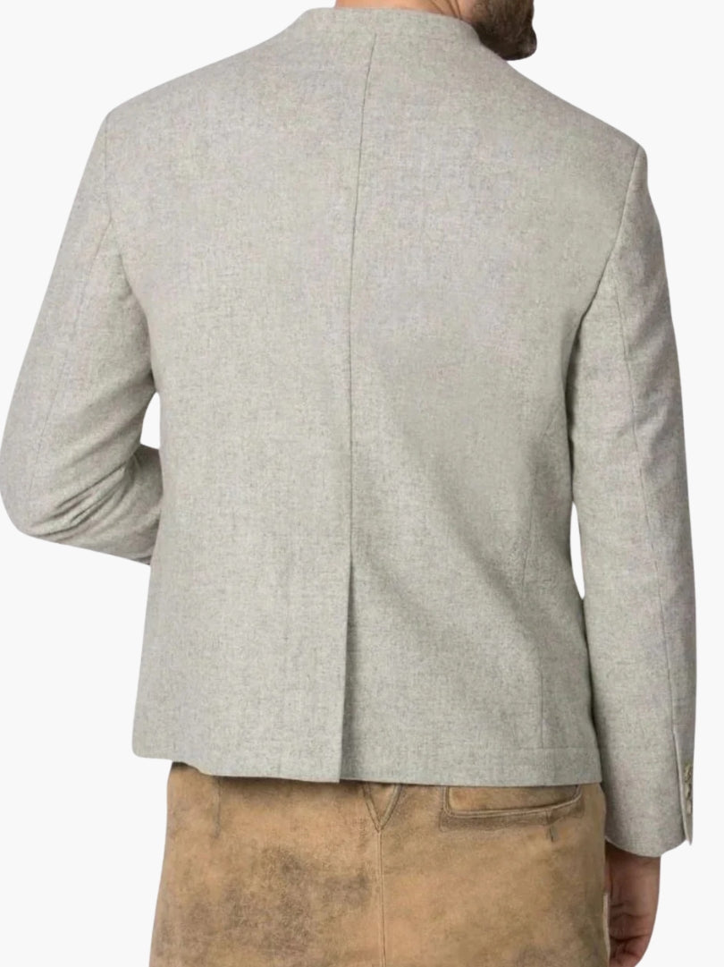 Back view of light grey Bavarian jacket featuring clean tailoring, structured fit, and minimalist traditional design.