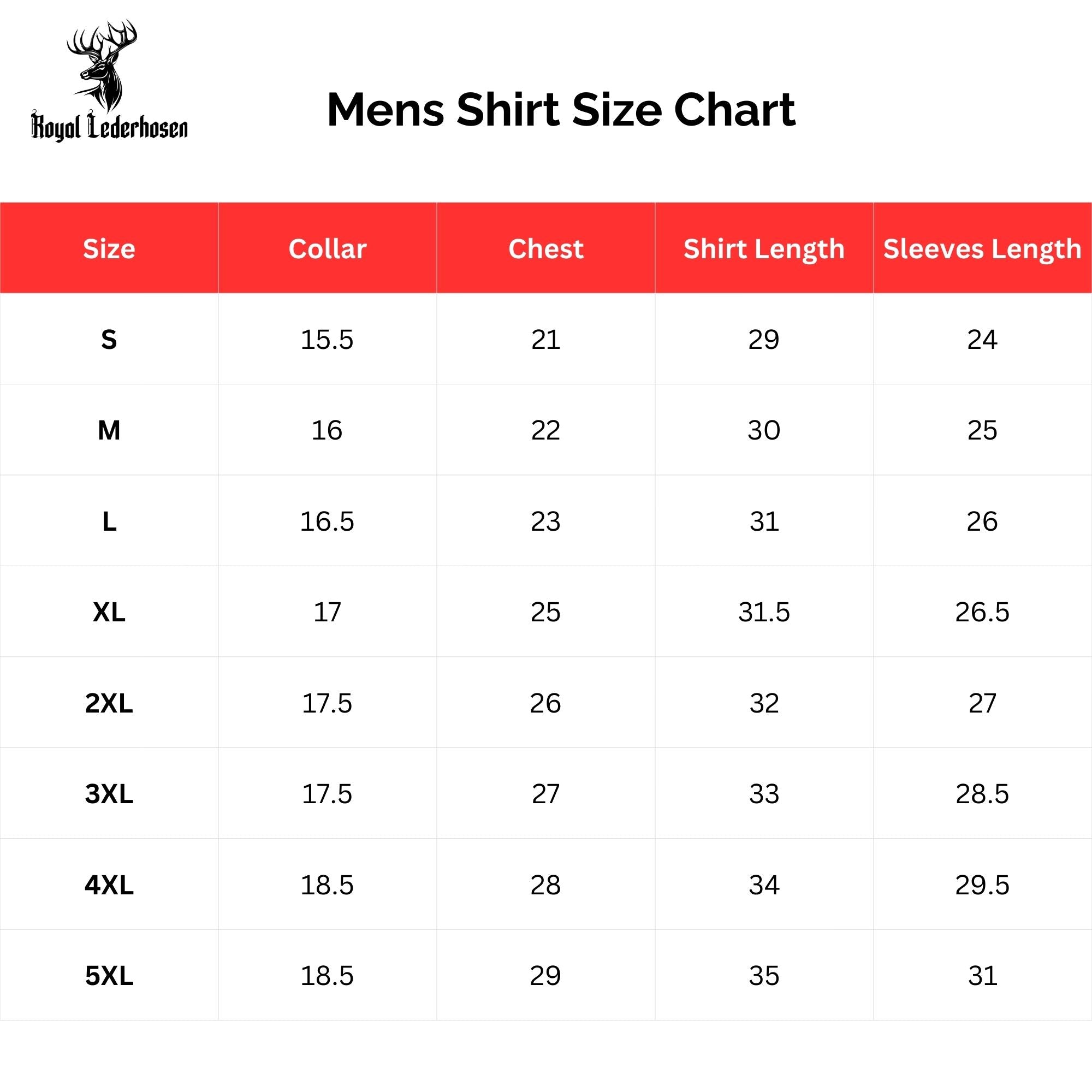Size Chart for Authentic White Trachten Mens Shirt
