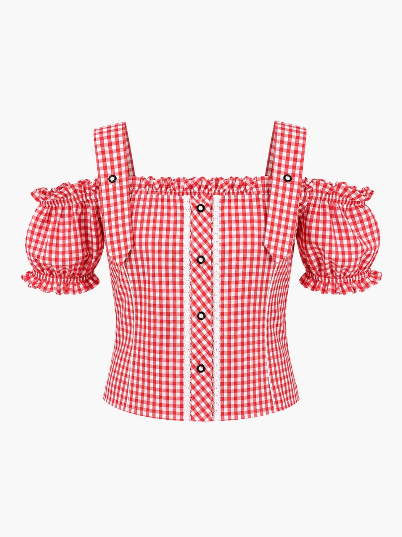 Red and white checkered Bavarian blouse with square neckline, puff sleeves, and lace panel detail for Oktoberfest outfit.