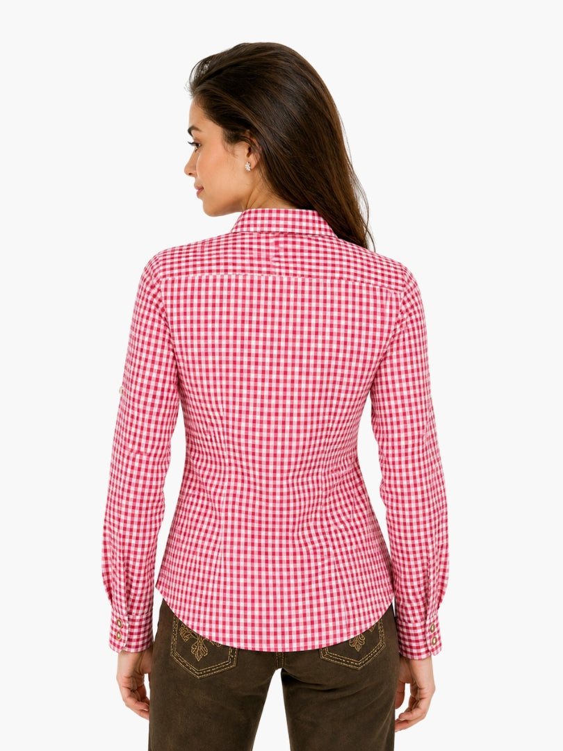 Back view of women’s modern trachten shirt in red gingham check with fitted silhouette and long sleeves, ideal for Oktoberfest outfit.