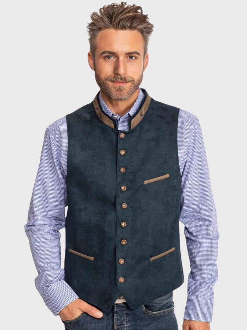 Navy Suede Bavarian Trachten Vest with Brown Collar