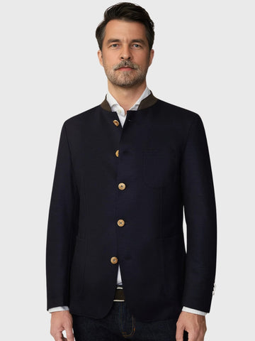 Navy Wool Bavarian Jacket with Brown Collar