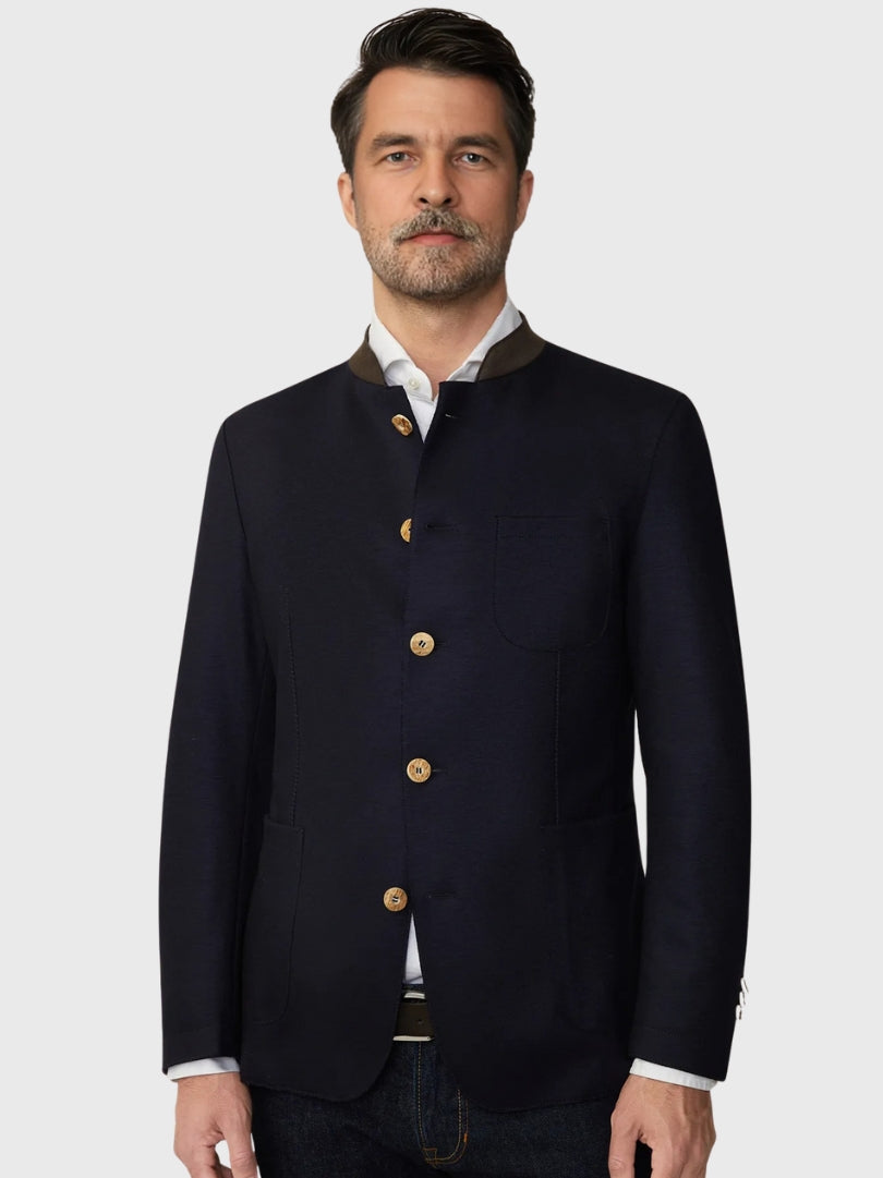Navy Wool Bavarian Jacket with Brown Collar