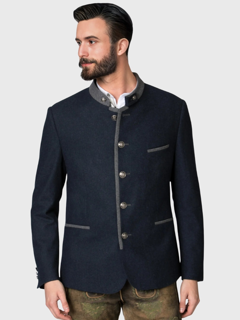 Navy Wool Bavarian Jacket with Grey Trim