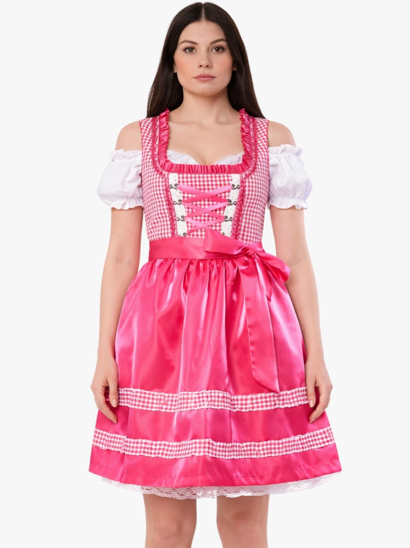 Front view of women's pink Bavarian dirndl dress with white blouse, gingham bodice, lace-up detail, and satin apron in Oktoberfest style.