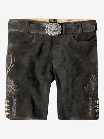 Front view of black lederhosen shorts featuring minimal embroidery, side buttons, and a classic belt with ornate buckle.