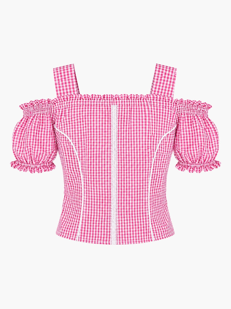 Back design of pink checkered dirndl blouse featuring puff sleeves, fitted bodice, and lace detailing.