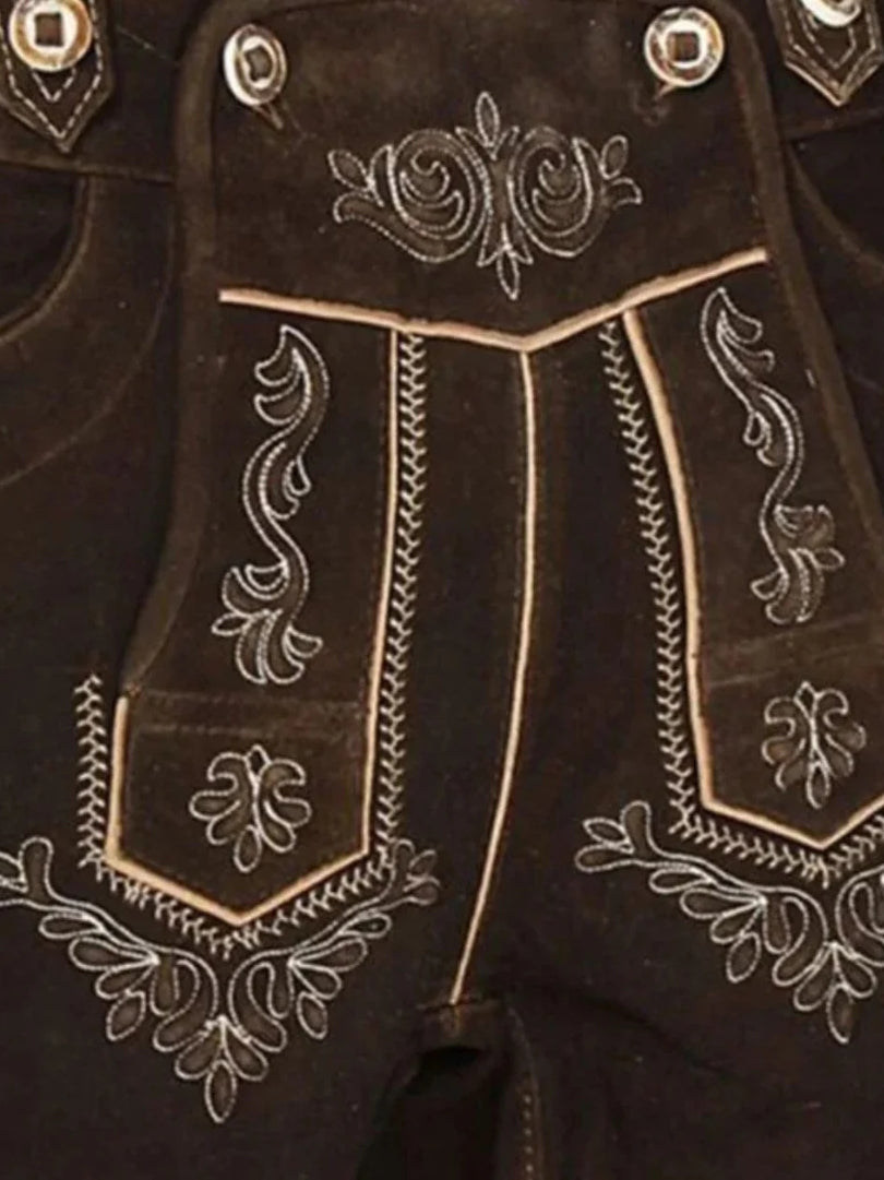 Detailed close-up of bundhosen front flap showcasing intricate Bavarian embroidery, contrast piping, and button accents.