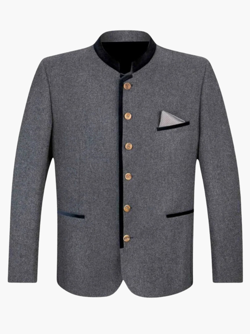 Grey men’s Trachten jacket with black trim, stand collar, wooden buttons, and pocket square for classic Bavarian style.