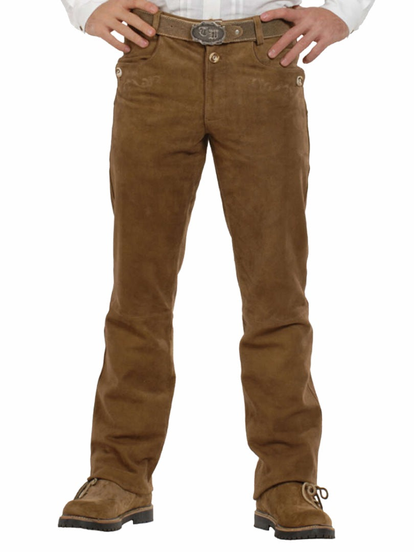 Oktoberfest Lederhosen Pants 2026 Mens front view in brown suede leather