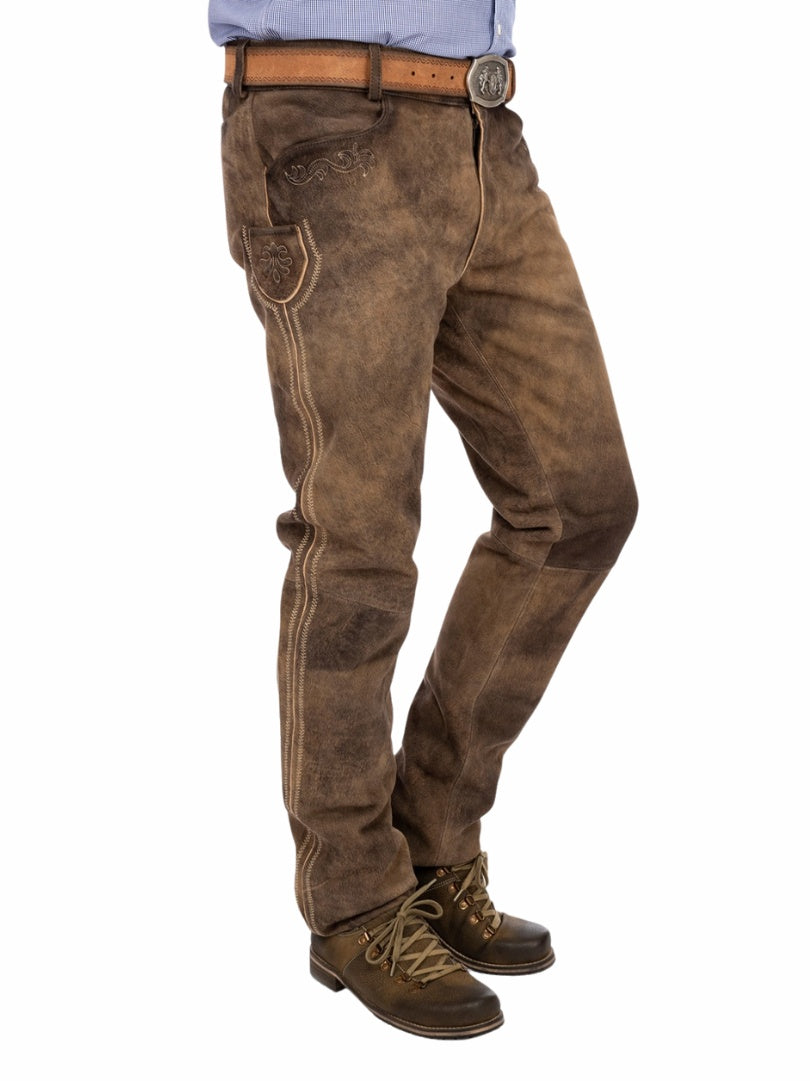 Oktoberfest men leather lederhosen pants in brown color with classic German trachten design