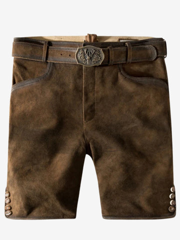 Front view of minimalist brown suede lederhosen shorts with belt, simple design, and button detailing on both sides.