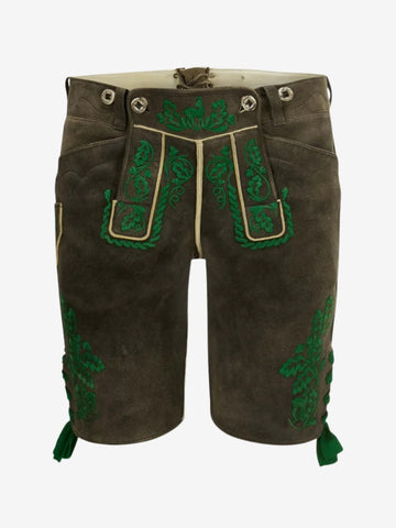 Front view of olive lederhosen featuring green embroidered designs, front flap panel, and traditional buttons.