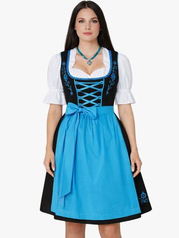 Front view of women's black dirndl dress with white blouse, blue lace-up bodice, and light blue apron in traditional Oktoberfest style.