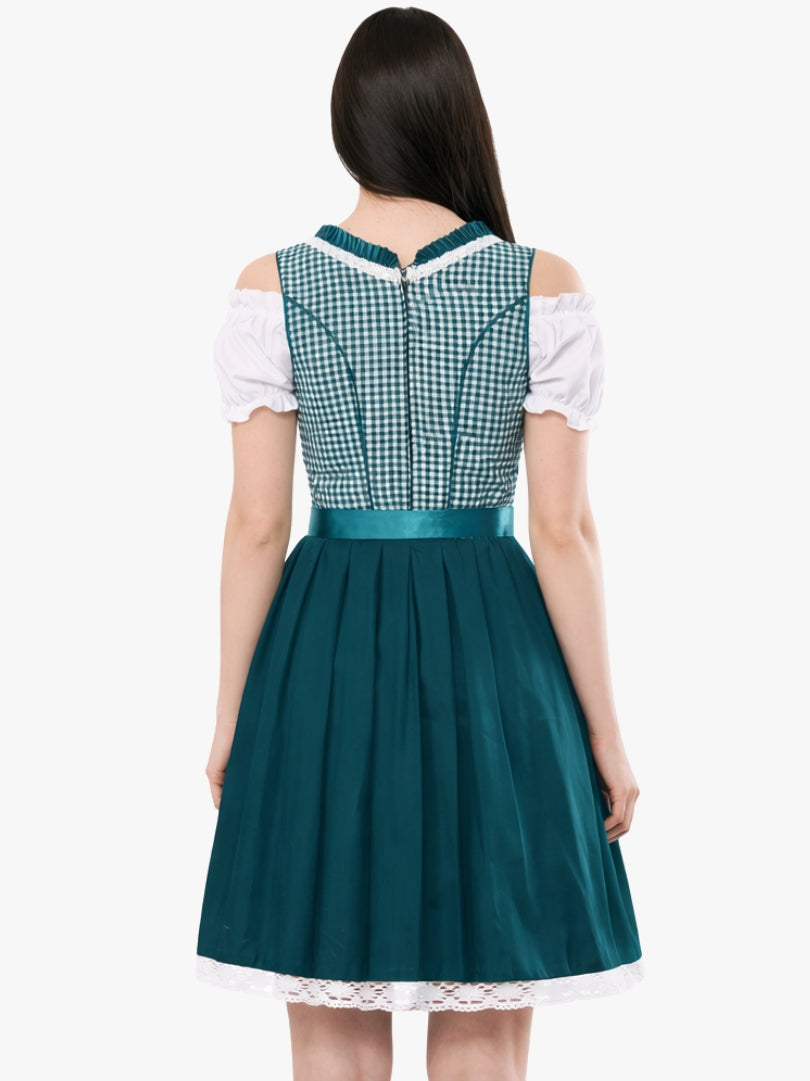Front view of women's green Bavarian dirndl dress with white off-shoulder blouse, gingham bodice, and satin apron.